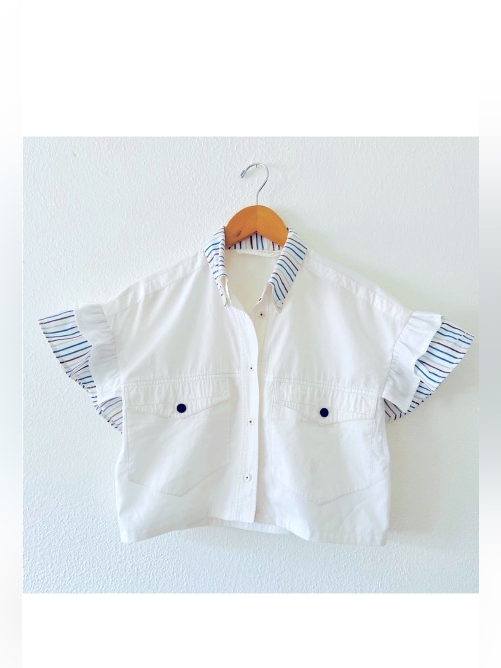 Upcycled Reworked Cotton Crop Shirt with Striped Ruffle Sleeves